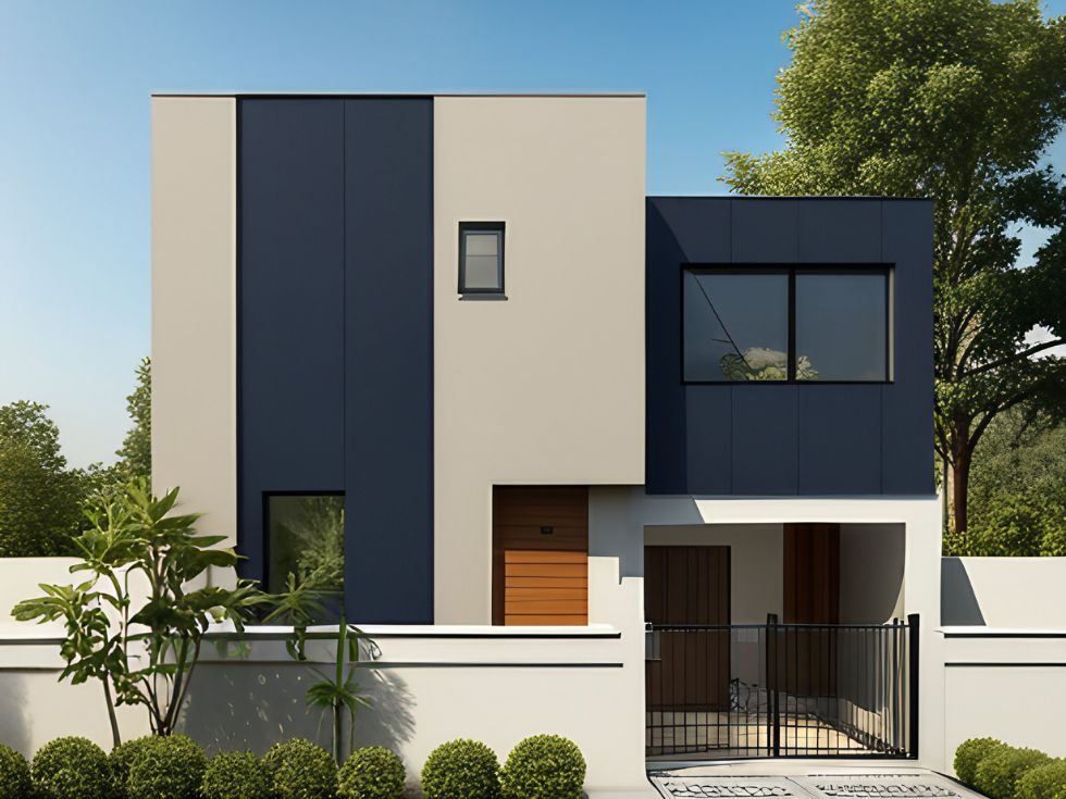 A Modern Taupe House With A Striking Dark Charcoal - Asian Paints