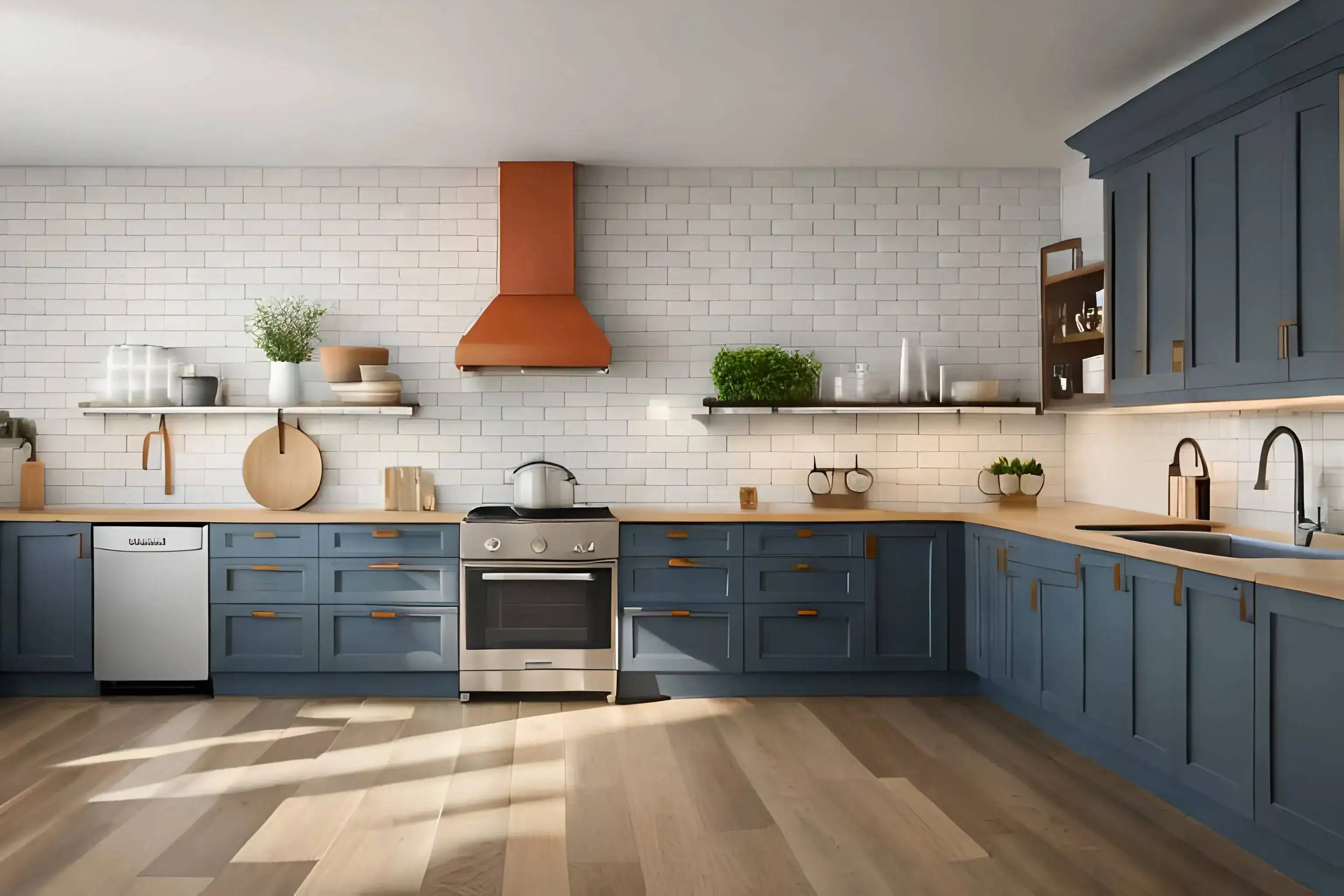 A vintage-inspired modular kitchen with wooden flooring and wooden cabinets in colored finishes