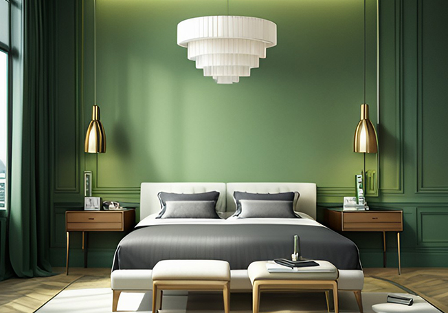 Green & white master bedroom colour combination ideas- Asian Paints