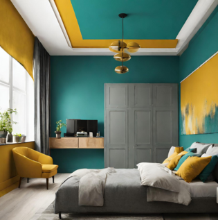 Teal and Mustard Yellow False Ceiling - Asian Paints