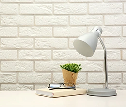 A lamp, planter and a book in front of a white brick wall. Adhesives by Asian Paints.