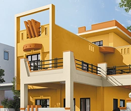 A house exterior with yellow and white  walls. Exterior Wall Painting Services by Asian Paints.