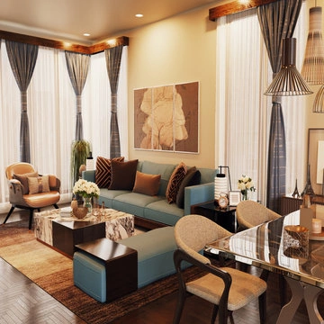 A lavish modern living room with white, blue and brown decor. Interior Furniture by Asian Paints.