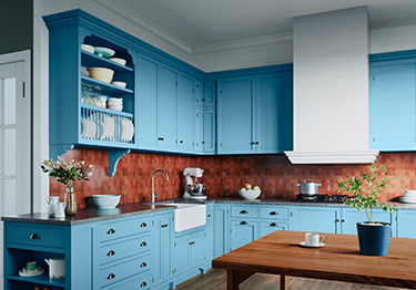 Attractive Dining Room with Blue Cabinets