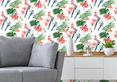 Relaxing Living Room Design with Parrot Wallpaper