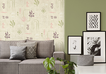 Relaxing Living Room with Delicate Green Wallpaper