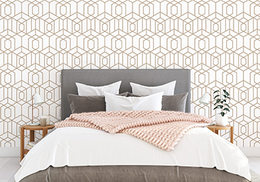 Serene White Master Bedroom with Geometric Wallpaper