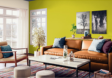 Airy Living Room with Lime Green Accent Wall