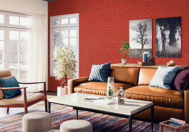 Open Living Room Design Idea with Red Accent Wall