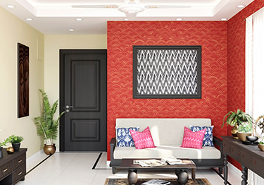 Rustic Living Room with Red Accent Wall