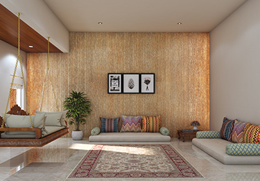Spacious Living Room Design with Metallic Accent Wall