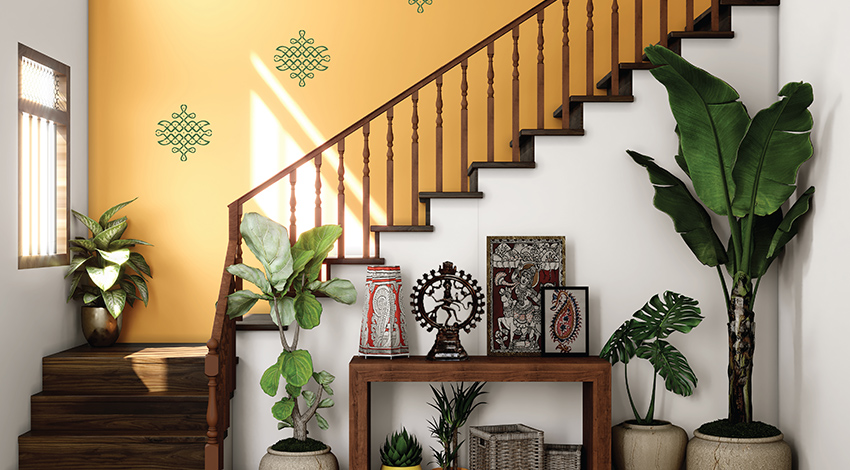 Traditional-Hallway-with-Yellow-Accent-Wall