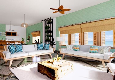 Tropical Living Room with Caribbean Green Textured Wall