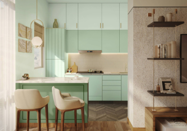 Green Kitchen with a Classy Marble Counter