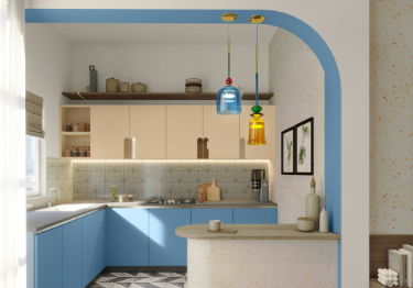 Orange and Blue Kitchen with Two-tone Cabinets