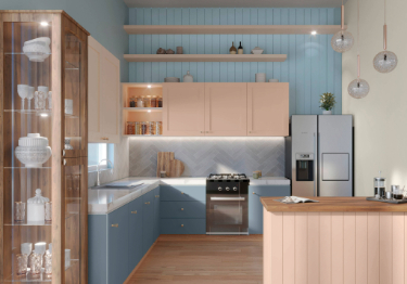 Orange and Blue Kitchen with Pattern Design Walls