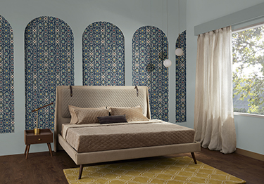 Contemporary Bedroom with Palm-Print Wallpaper