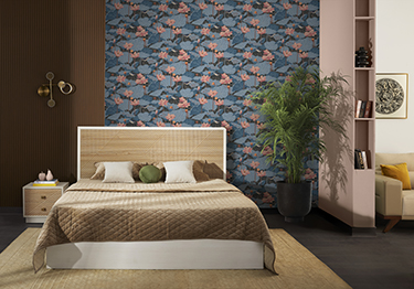 Earthy Bedroom with Bold Red Wallpaper