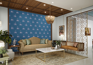 Blue Accent Wallcoverings in Luxurious Living Room