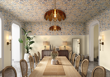 Elegant dining room with floral wallpaper