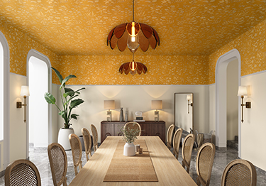Bright dining room with floral ceiling