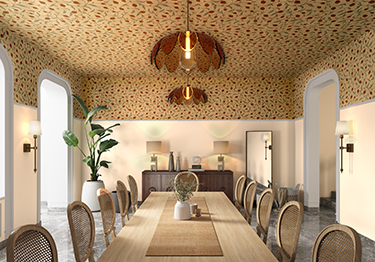 Warm dining room with leafy wallpaper