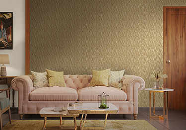Cozy living room with patterned wallpaper