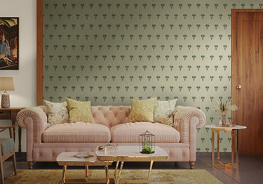 Stylish living room with tropical wallpaper